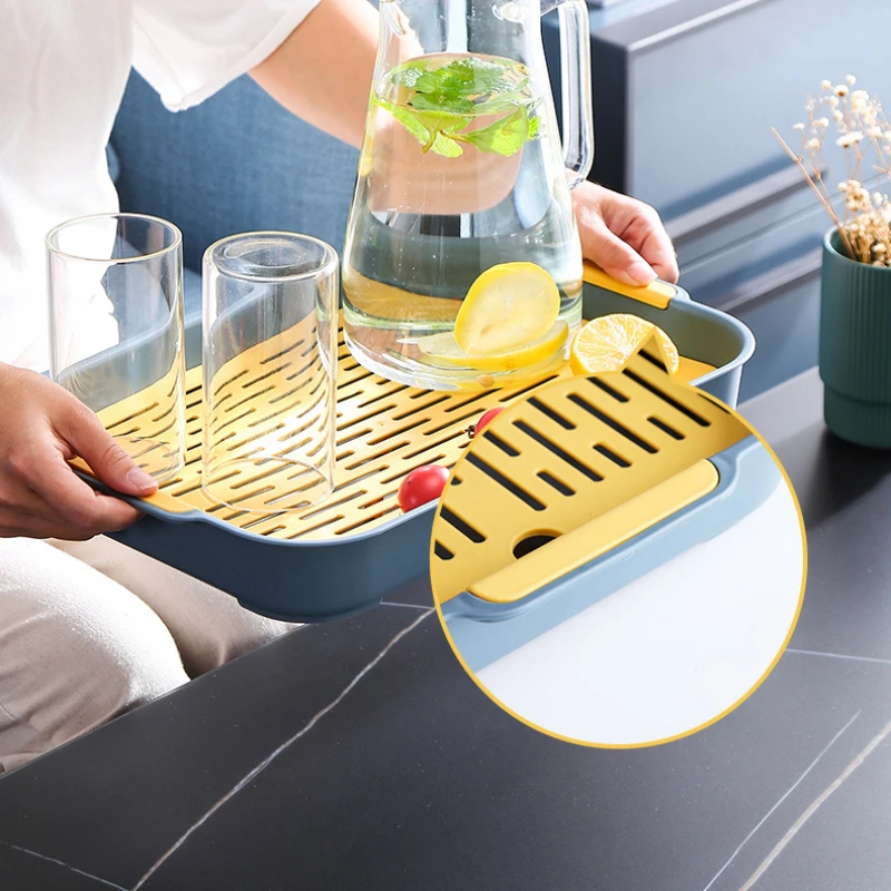 Multi Functional Drain Tray Creative Home Living Double-layer Storage Rack Rectangular Fruit Tray Drain Basket Rack Tea Trays