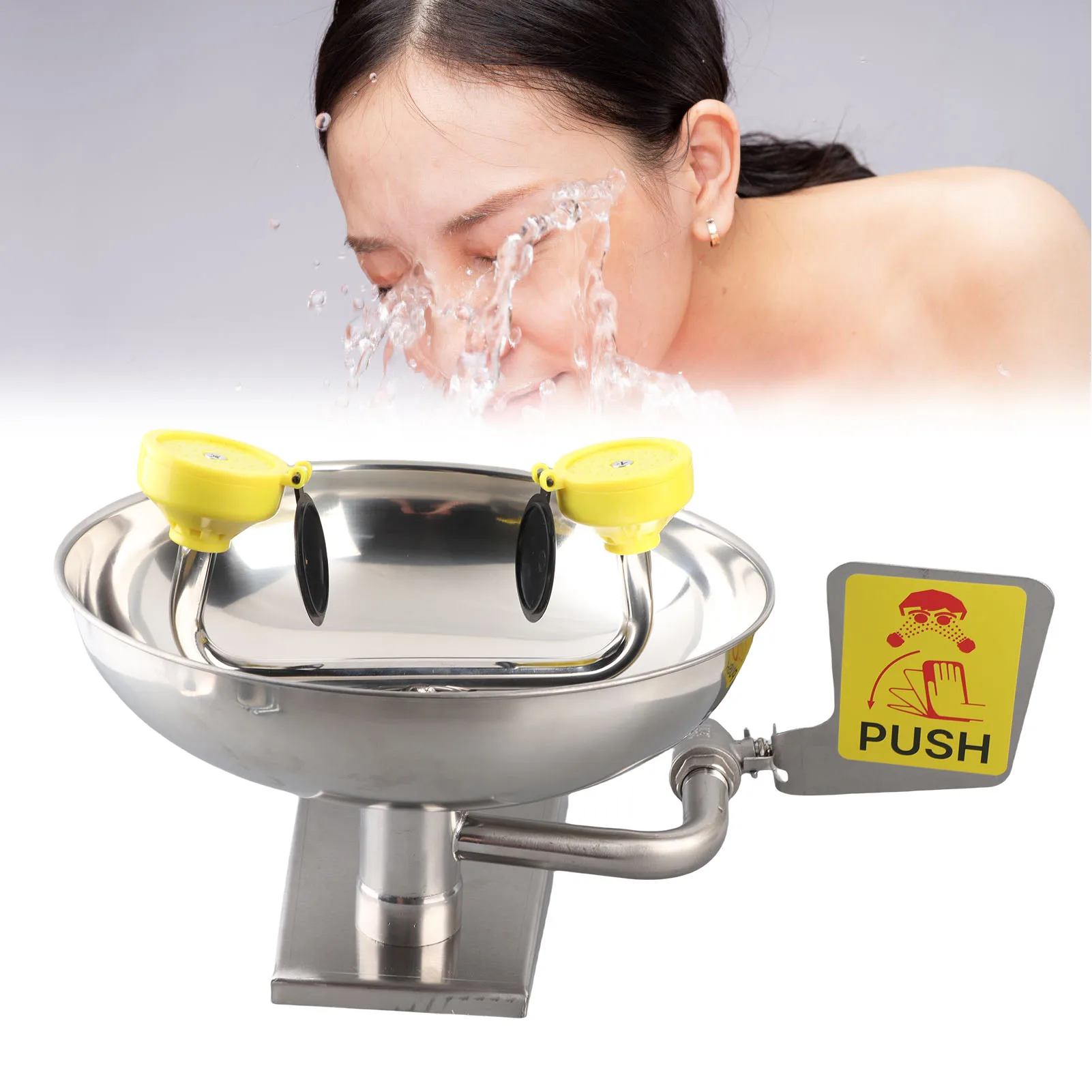 

Portable Eye Wash Sink Double Nozzle Eye Wash Station 304 Stainless Steel Wall Mount Emergency Eye Washer Sink with Safety Sign