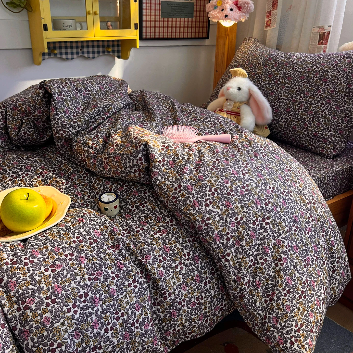 Vintage Tiny Floral Bubble Crinkle Microfiber Bedding Set,1 Duvet Cover,1 Flat Sheet 2 Pillowcases,Soft Breathable Bed Linen Set