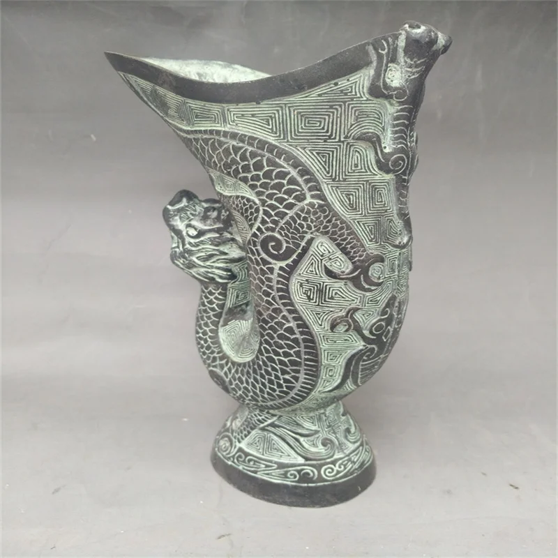 Old Bronze Statue of Chinese Fortune, Dragon Cup, Rare Collectibles