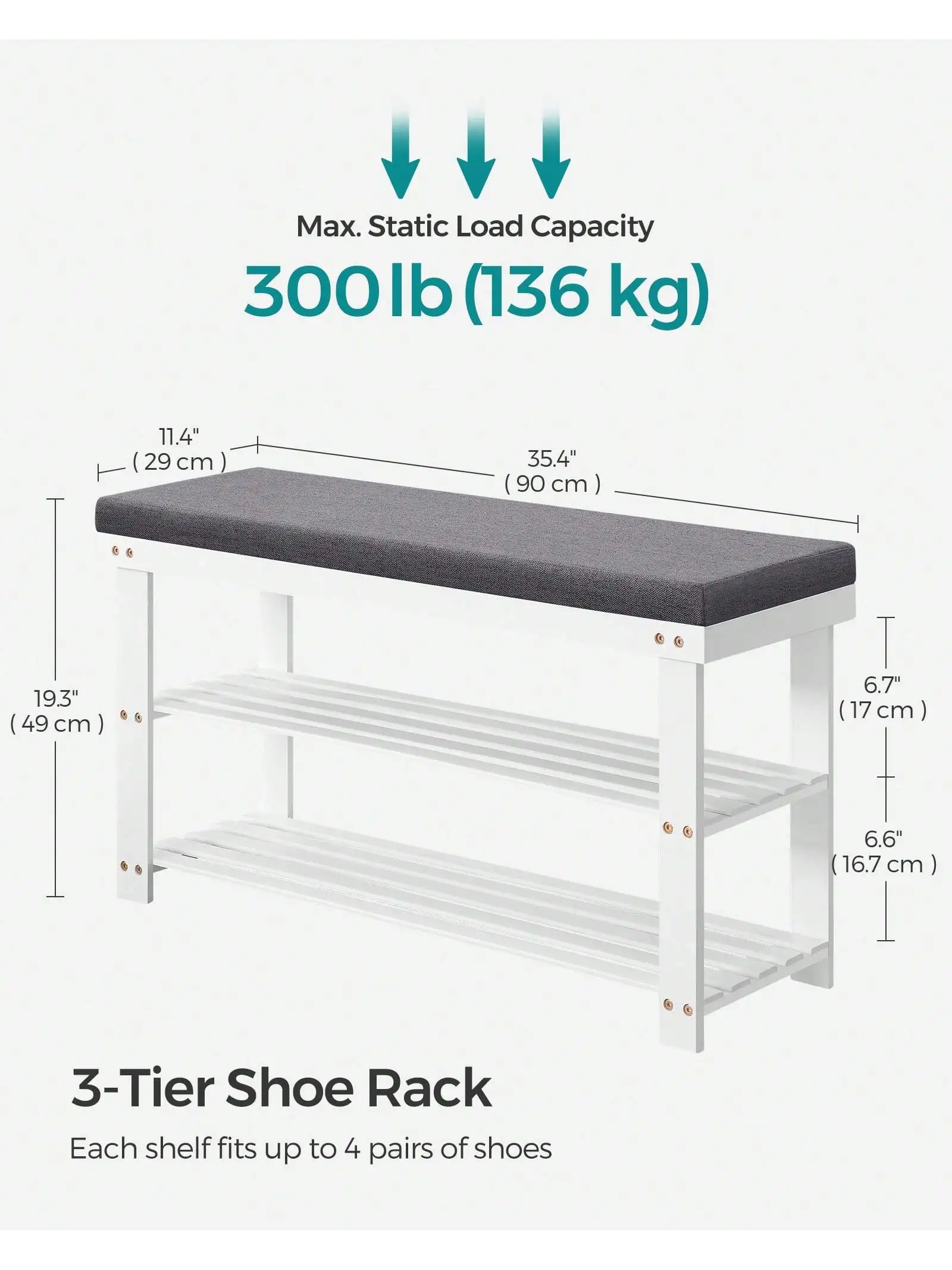 SONGMICS Bamboo Shoe Bench, 3-Tier Shoe Rack, Stable Shoe Organizer For Entryway, Living Room, Bench Seat Holds Up To 300 Lb,