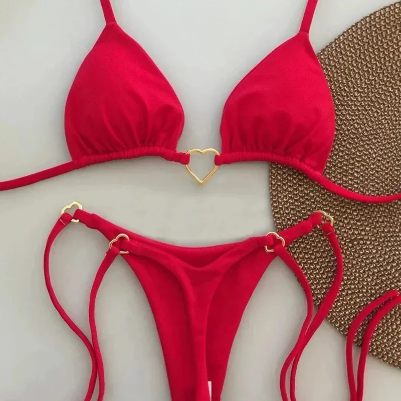 Sexy Solid Low Waisted Bikini Sets Women Swimsuit Heart Link Ring Red Strappy Beach Wear Summer New Holiday Seaside Bathing Suit