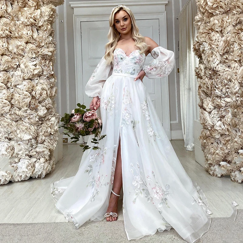 

Eightree Elegant A-Line Wedding Dresses Sweetheart Puff Sleeve Appliques Split Bridal Dress Evening Wedding Gowns Custom Size