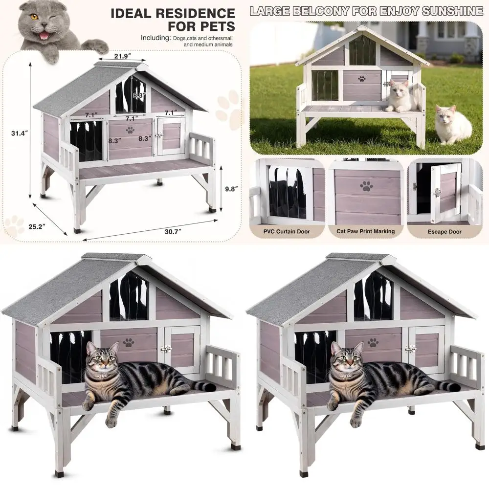 

Large Weatherproof Insulated Wooden Cat Shelter with Balcony for Multiple Cats - Ideal for Winter Outdoors
