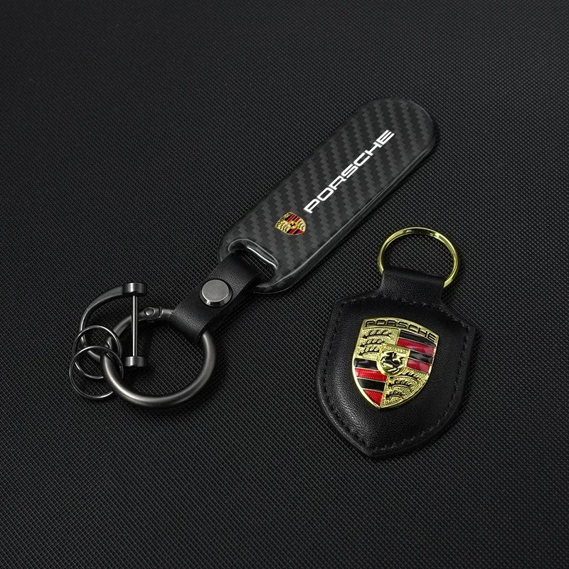 Car Leather Keychain Shield Type 3D Emblem Key Ring For Porsche Panamera Cayenne Taycan 911 718 Macan Carrera-GT 928 944 968 944