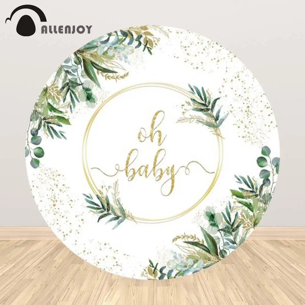 

Allenjoy Oh Baby Shower Birthday Party Round Background Spring Leaves Gold Dots Jungle Newborn Circle Photophone Backdrop