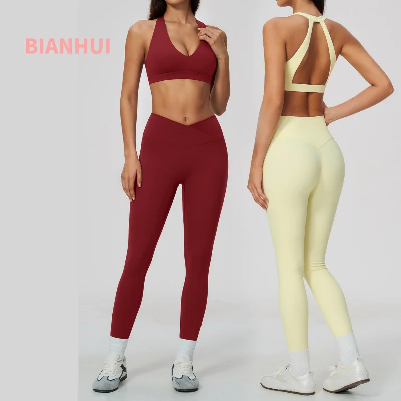Women 2 Piece Yoga Workout Set Deep V Halter Open Back Sports Bra High Waist Leggings Quick Dry Breathable Gym Pilates Training