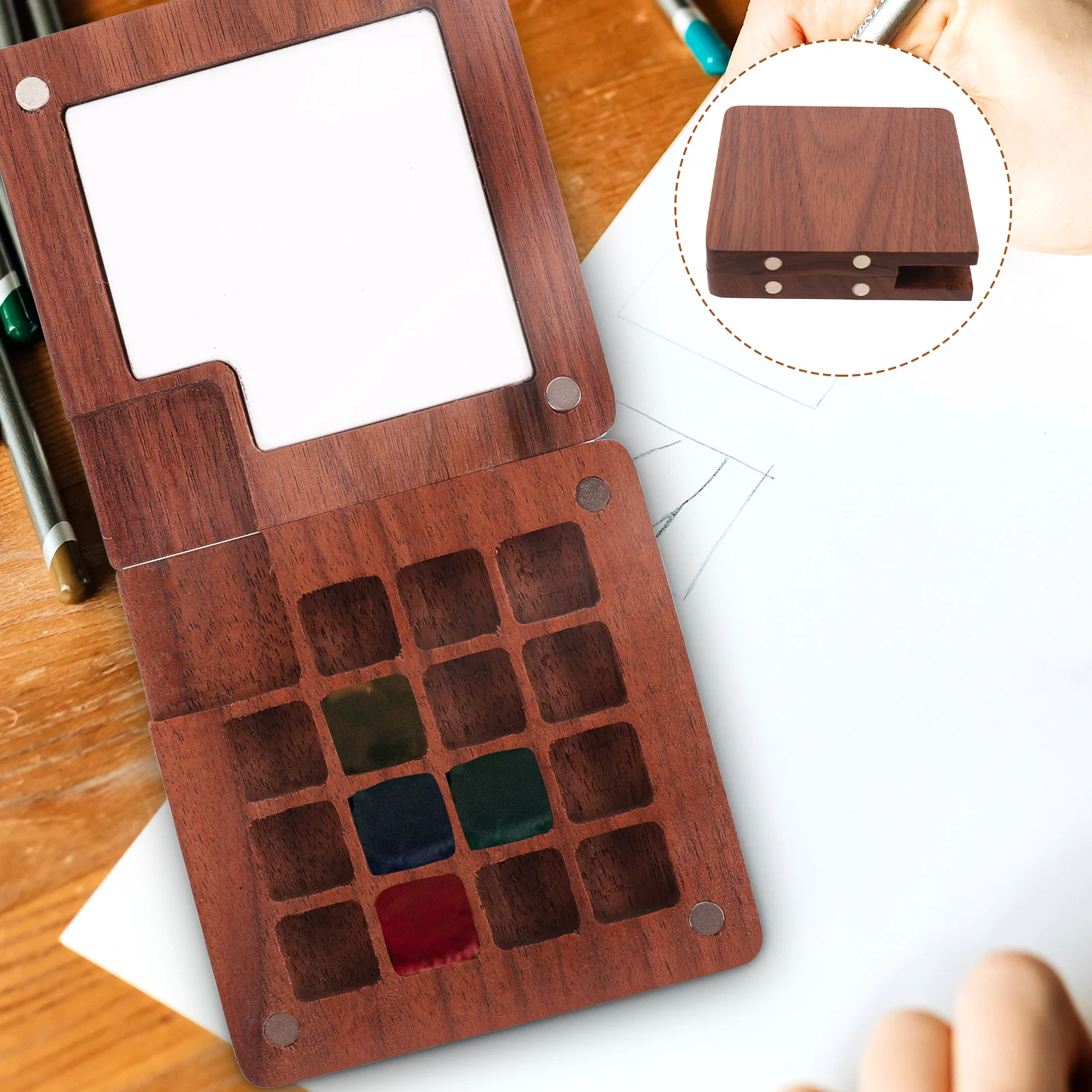 Wooden Palette Watercolor Kids Compartments Holder Pigment Case Mix Mini Wood Palletsing Travel Mixing Tray Artist Student Lid