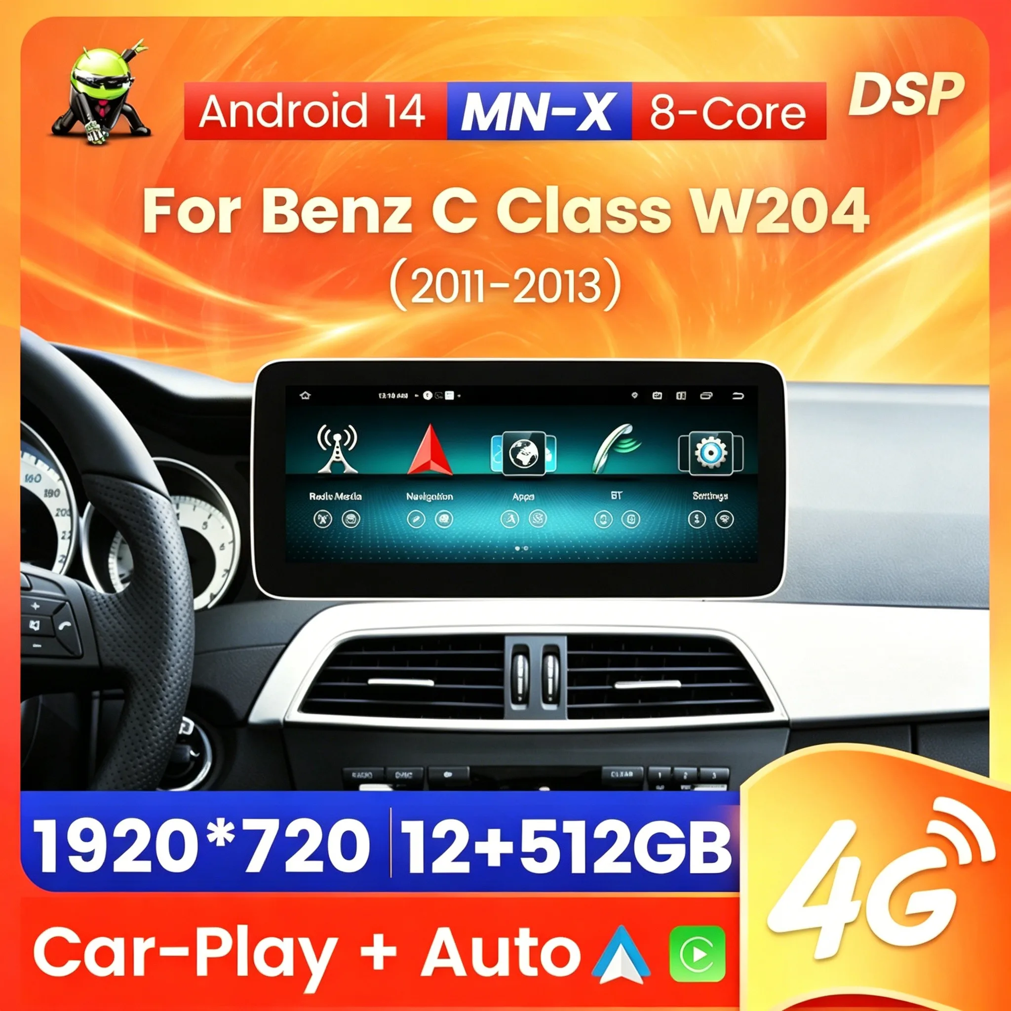 MEKEDE MN-X 10,25 Zoll Intelligentes Android-System Multimedia-Bildschirm Kabelloses Carplay Autoradio für Mercedes Benz C-Klasse W204 S204 2011-2015 NTG4.5 GPS-Navigation Autoradio-Haupteinheit 4G