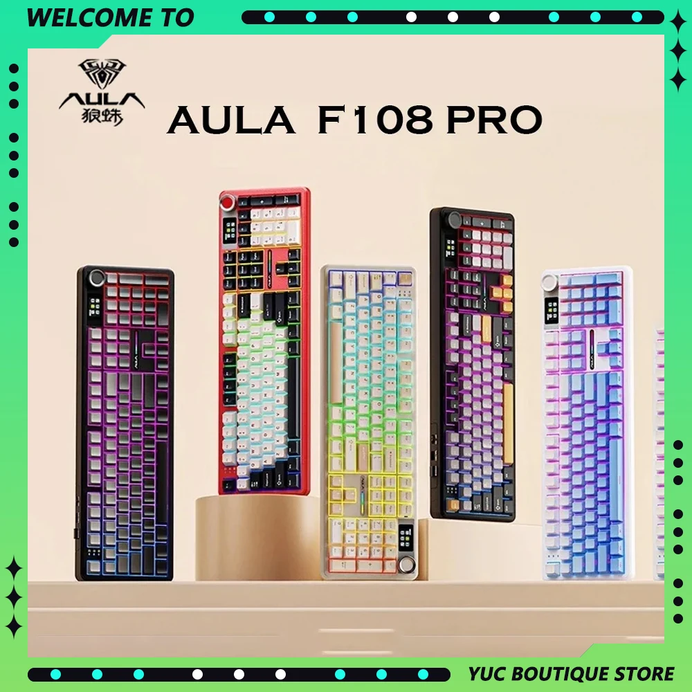 AULA F108 Pro Wireless E-sport Mechanical Keyboard 3-Mode RGB Light Gasket Ergonomics Custom Game Keyboard Knob Switch