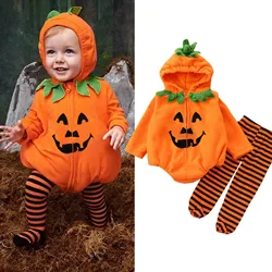 Halloween Baby Set Outfits Orange Pumpkin Face Fleece Bodysuit And Stripes Leggings 2pcs Set My First Halloween Baby Costume