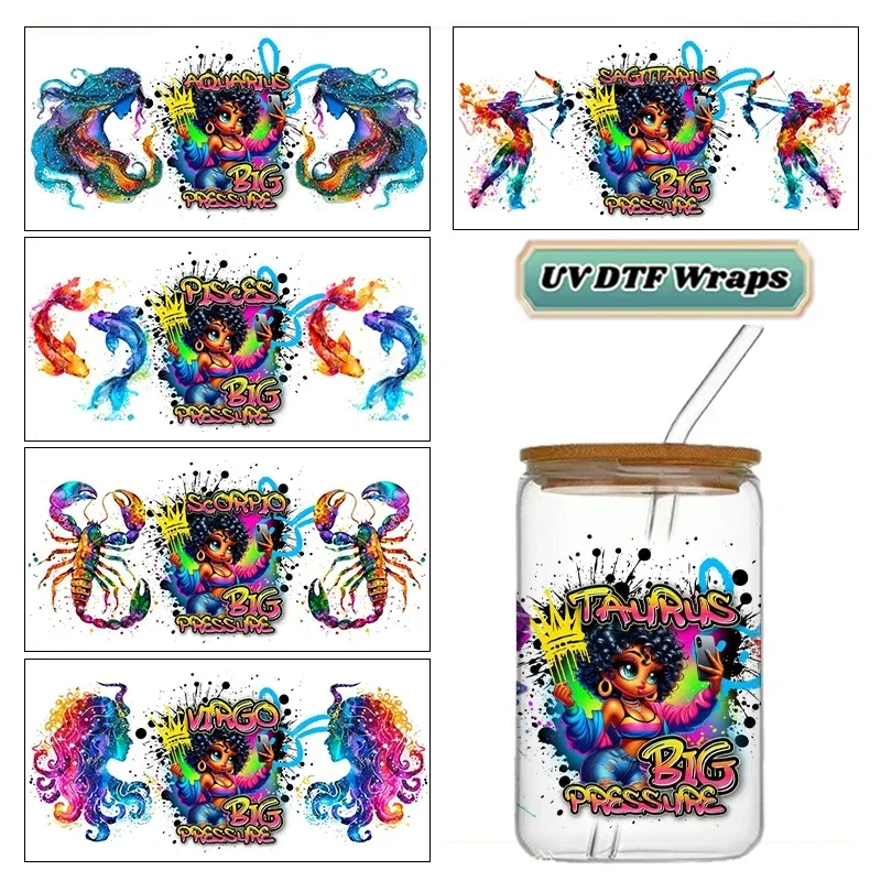 Graffiti Splash Color Crown Black Girl Zodiac Sign UV DTF Cup Wraps Waterproof Decal Stickers for 16oz Libbey Glass Can