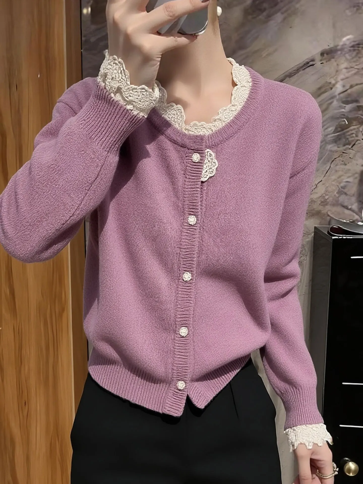 

Вязаный свитер Ele с кружевными вставками и длинными рукавами, весна 2026, свободный крой, модный топ в корейском стиле, для повседневной носки, теплый и комфортный