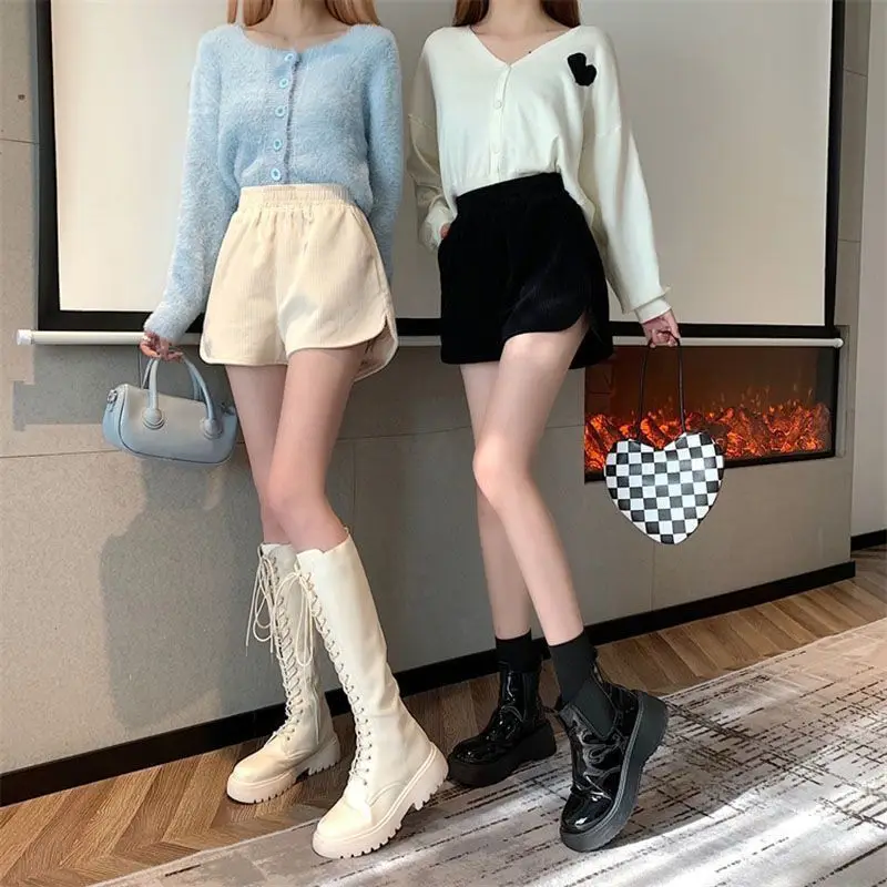 High Waist Corduroy Shorts Women's Autumn Winter Slim A-Line Pants Small Size Outerwear Bootleg Pants Korean Style Elastic Waist