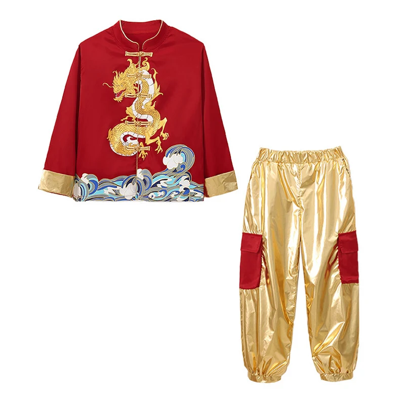 Vêtements Hip Hop pour garçons et filles, mini jupe plissée pour enfants, costume de danse rouge, dragon chinois, bouton grenouille, pantalon en Y doré