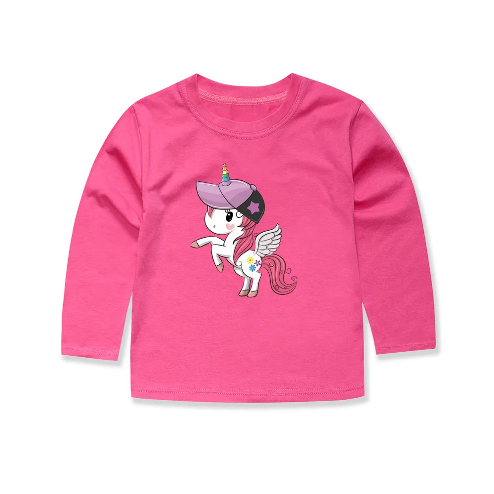 Spring & Autumn Girls T Shirts Cotton Long Sleeved Kawaii Unicorn Cartoon Tshirt Funny Toddler Girl Clothes Pink White Tee Shirt