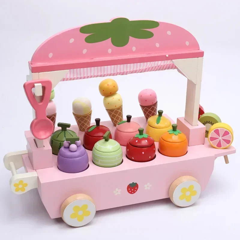 イチゴフルーツコーン模擬アイスクリーム自動販売車子供の木製キッチンままごとおもちゃ誕生日ギフト