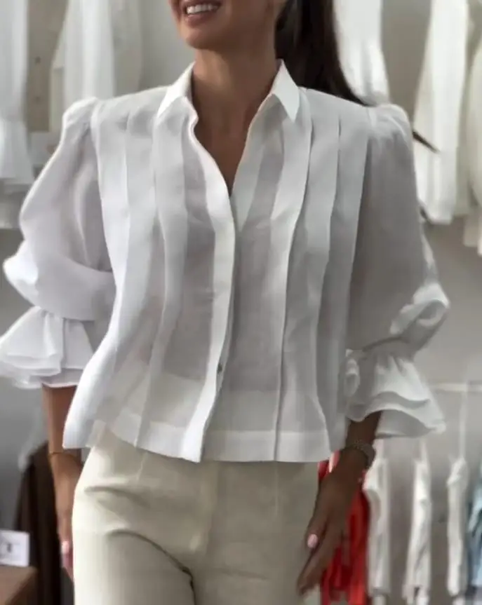 Turn-Down Collar Puff Sleeve Loose Blouse Casual Pleated Linen Crop Top Women's Summer Fashion Casual Wear