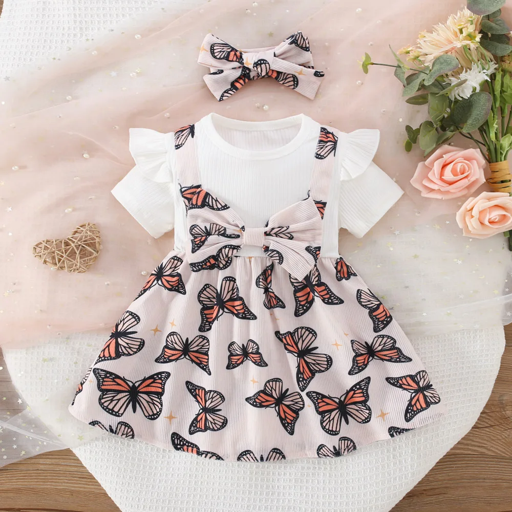 Baby Girl Dress Summer Cotton Bow Flower Pattern Cap Sleeves Baby Dresses Sweet and Cute Baby Girl Clothing with Headwear
