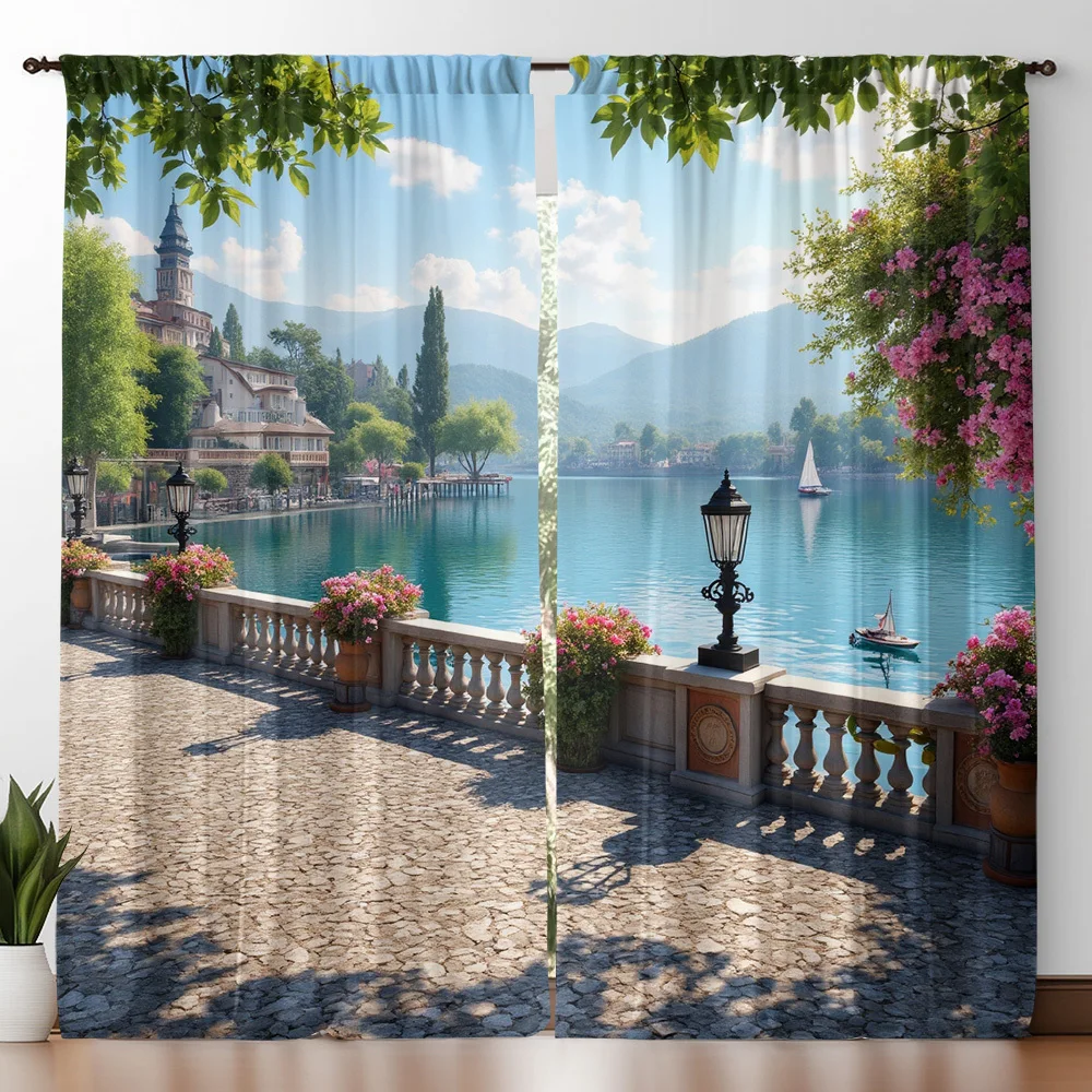 Holiday Town Lake Curtain Panels, Stone Walkway Bloom Clear Water European Building Full Print Drapes For Cafe Apartment Decor