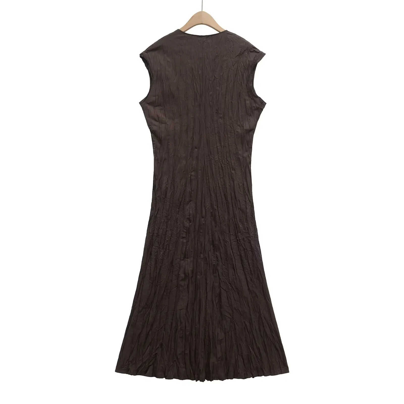 ETJ 2025 Lente dames elegante stijl bruin hangend vloeiende V-hals geplooide halflange jurk met korte mouwen