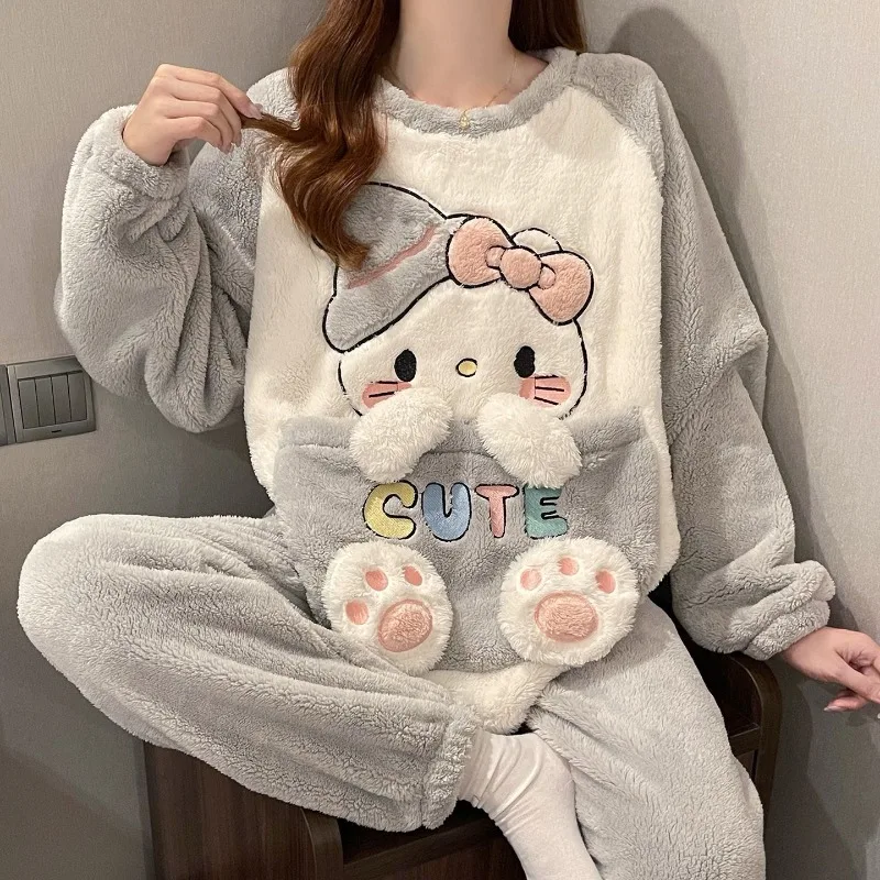 Hellokitty Ins Style Plush Girls Long-sleeved Trousers Plus Velvet Thickened Warm Pajamas Set Loose and Comfortable Home Clothes