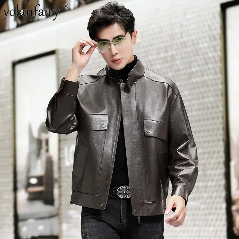 Autumn New Genuine Leather Coat Men's Vintage Loose Jacket Casual Stand Neck Short Motorcycle Wear Natural Sheepskin Jackets FCY