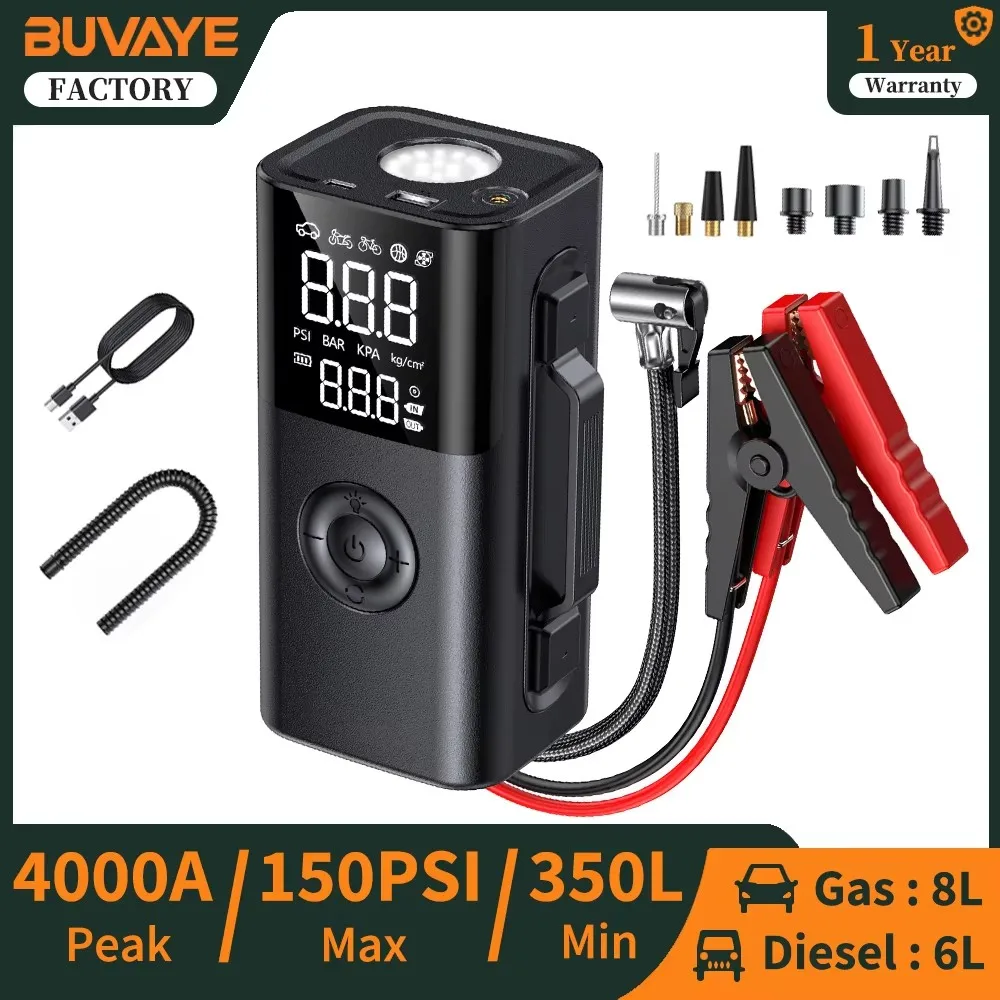 

BUVAYE 4000A Car Jump Starter Portable 150PSI Air Pump Car Battery Booster Engine Starting Device Tire Air Compressor Power Bank