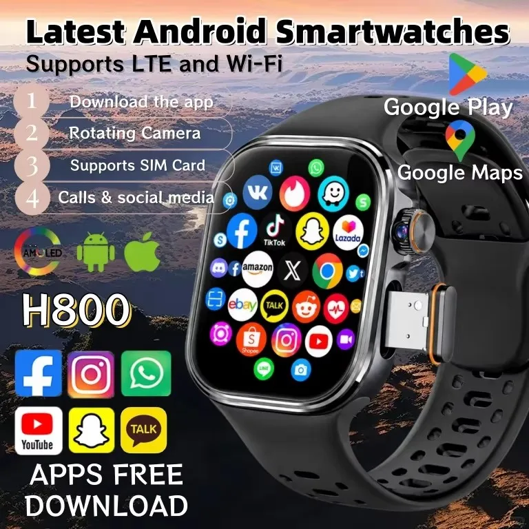 H800 Android Smartwatch 4G SIM Card Video Call WiFi GPS Bluetooth 2.06 Inch AMOLED Display Heart Rate Tracker for Men Women