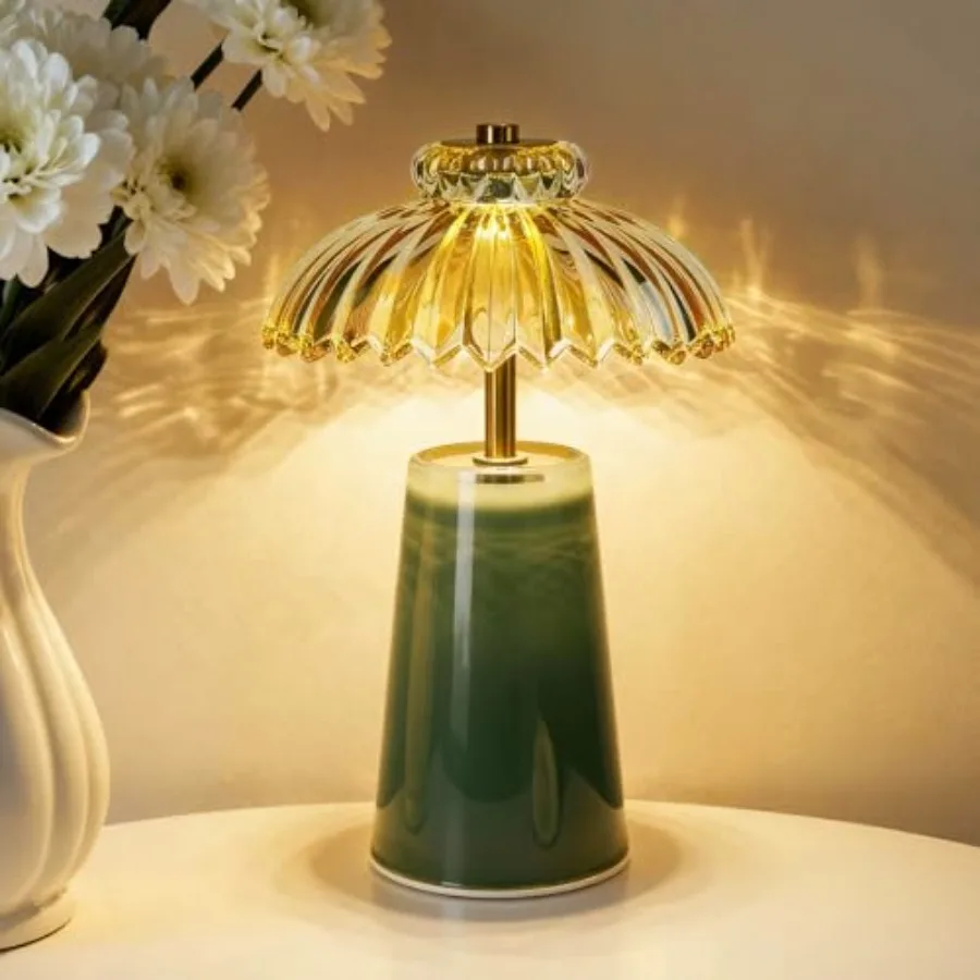 

Cordless Lamp, Battery Operated Lamp with Timer, Crystal Glass Flower Lampshade, Table Lamps, Decorative Led Light for Bedroom