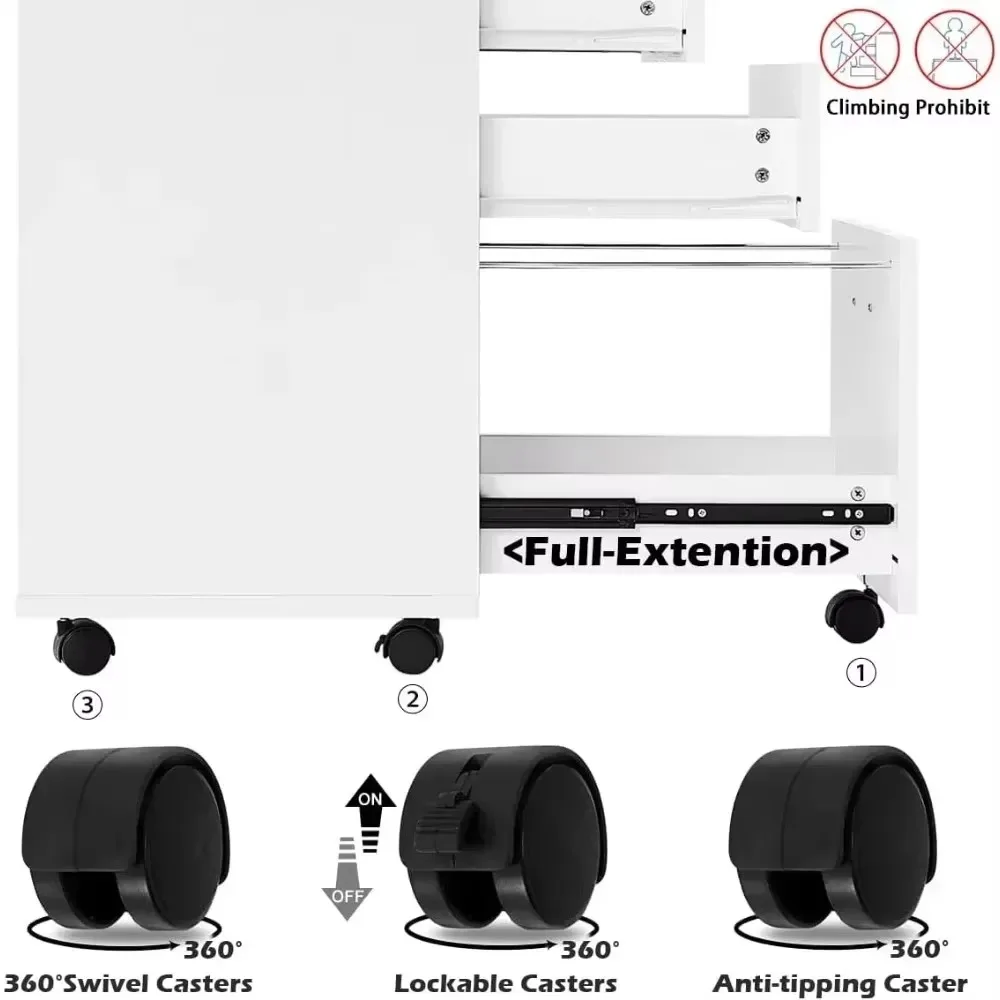 ตู้เก็บเอกสารเคลื่อนที่ไม้ 3 ลิ้นชัก, ใต้โต๊ะลิ้นชักเก็บเอกสารขนาดเล็กสําหรับโฮมออฟฟิศ (สีขาว)