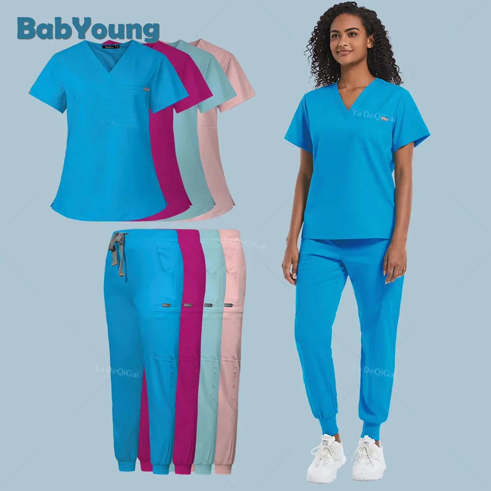 

Medical Set Uniforms Women Nurse Workwear Hospital Doctor V Neck Scrubs Tops Jogger Pants Nursing Accessory Beauty Suits