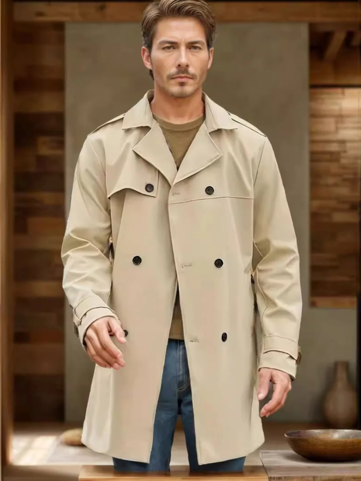 

Экспортная мужская одежда, трансграничная облегающая длинная куртка-свек, двухрядная ветровка с воротником-стойкой и пуговицами, Busin Casual