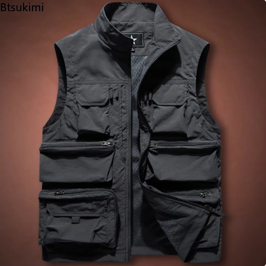2025 New Men's Vest Tactical Webbed Gear Coat Summer Photographer Waistcoat Tool Many Pocket Mesh Work Sleeveless Jacket Male