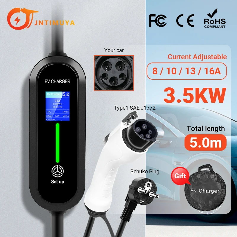 JNTIMUYA Portable EV Charger Type2 IEC62196-2 16A EVSE Fast Charging Cable Type1 SAEJ1772 Wallbox 3.5KW GBT Electric Car Charger