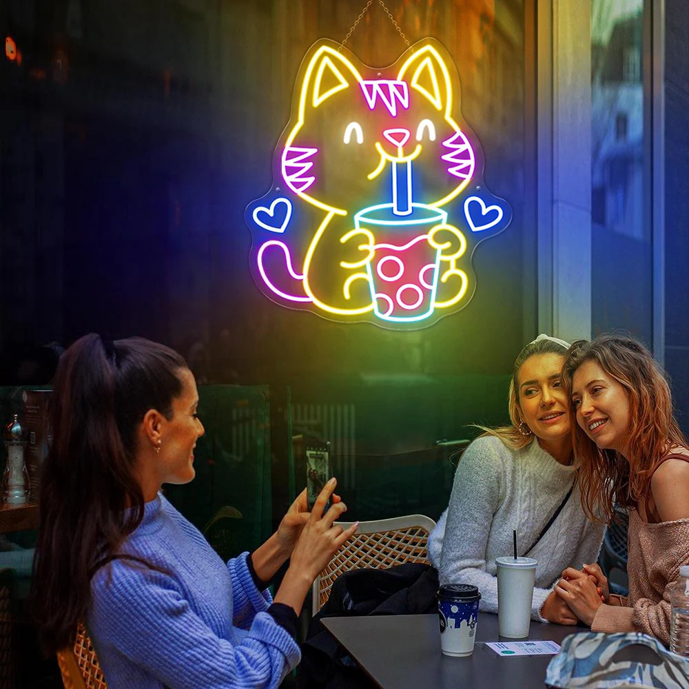 Boba Tea Cat Neon Sign Custom Neon Sign for Bubble Tea Shop Decor Coffee Drinking Bar Decoration Led Neon Light Opening Gift