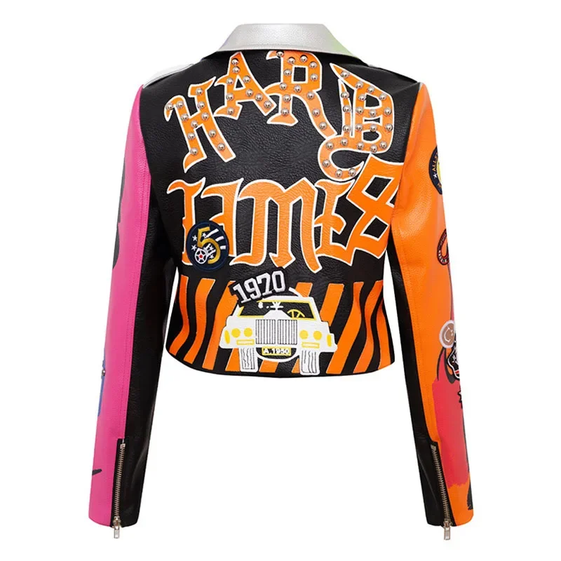 ZURICHOUSE Cropped Leather Jackets Women Colorful Graffiti Studded Coat 2024 Punk Faux Leather Motorcycle Biker Jacket Ladies