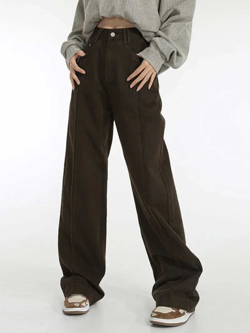 Women's High Waist Loose Wide Leg Jeans American High Street Retro Straight Leg Summer Fashion Casual Coffee Color Denim Pants