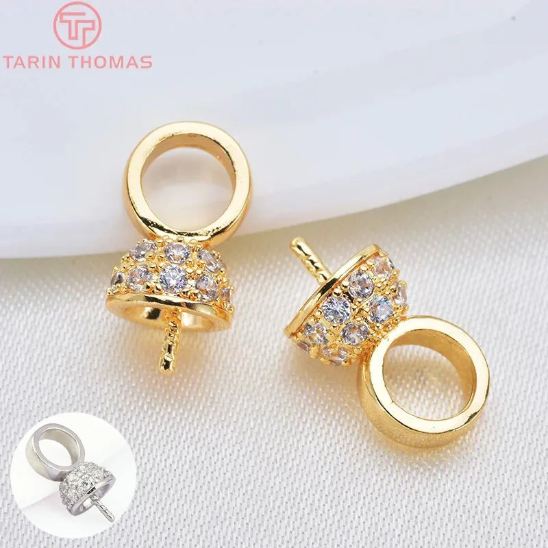 (3222)4PCS 13x6.5MM 24K Gold Color Plated Brass with Zircon Half Pins Bead Caps High Quality DIY Jewelry Making Findings