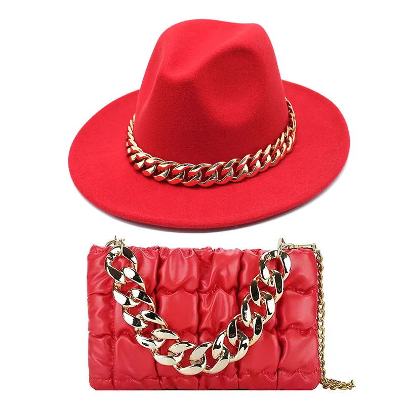 Women Fedora Hat Chain accessory bags solid color winter black wool felt fedora with big gold chain fall colors