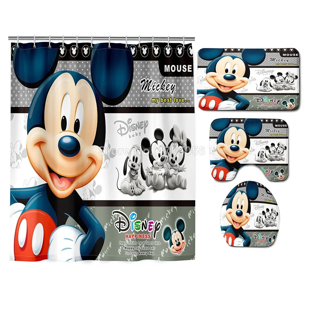 Mickey Mouse Waterproof Print Shower Curtain 4 Piece Carpet Cover Toilet Cover Bath Mat Pad Set Cartoon Bathroom Curtain