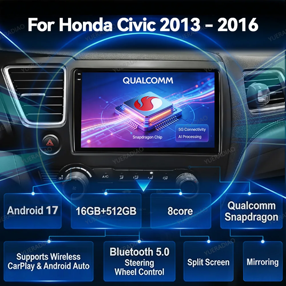 Android 17 Wireless Carplay Auto Car Radio For Honda Civic 9 9th US Sender Coupe Multimedia Video Player Head Unit 4G WIFI GPS