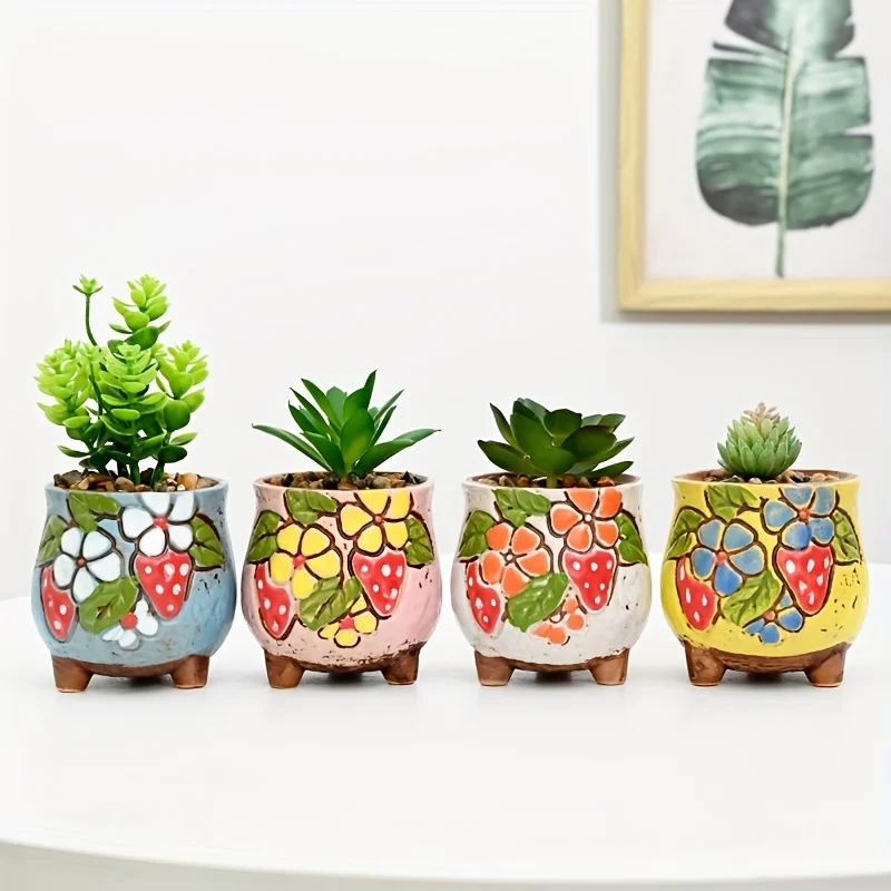 4pcs Korean Hand-painted Ceramic Succulent Flowerpots - Relief Design, Thick & Breathable - Mini Thumb Pot for Succulent Plants,