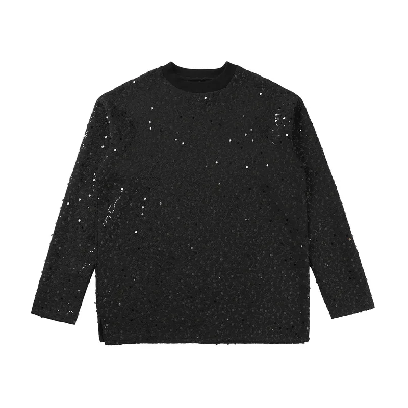 Male Solid Color Long Sleeve T-Shirts Men 2025 Autumn Trendy Versatile Loose Comfortable Sequin Tops Men's Sparkling Clothing