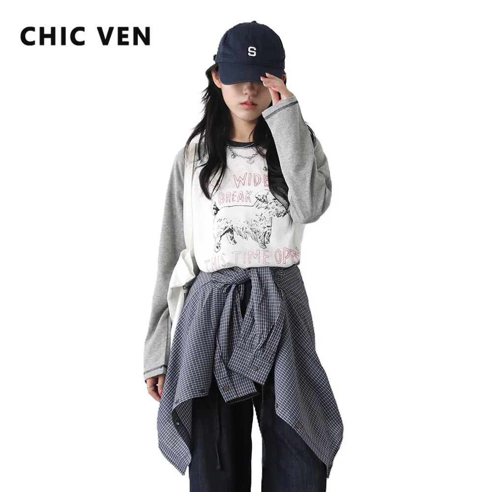 

CHIC VEN модные женские футболки свободные повседневные новые футболки с круглым вырезом контрастные топы с длинными рукавами и принтом букв для девочек весна осень 2025