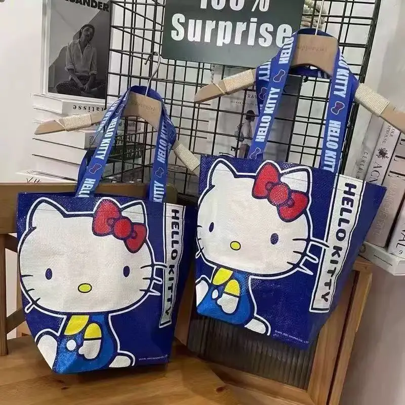 Bolsa de Compras con Estampado de Hello Kitty Azul de Sanrio, Bolso Ecológico, Bolso Tejido Bonito de un Solo Hombro