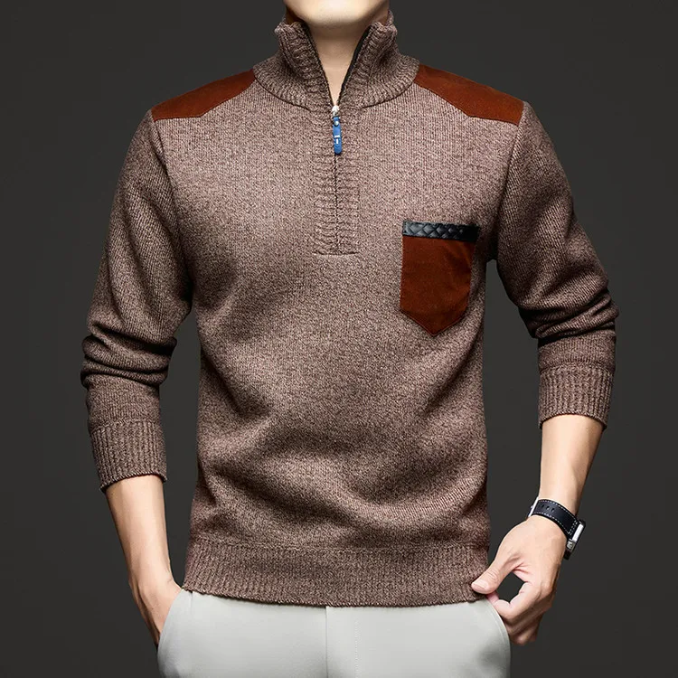 Men's Semi-Zip Color Block Knit Sweater, Stand Collar,  Autumn Winter Casual, Beige Brown Multi-Color​