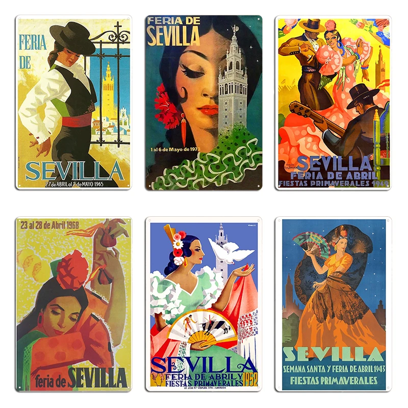 España 1946 Sevilla abril Fair cartel de viaje cartel de Metal cocina cine decoración personaje cartel de estaño