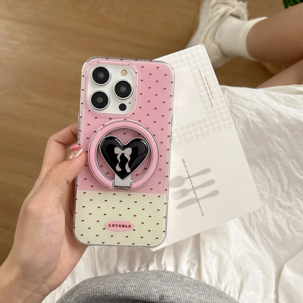 

Простой розовый, белый цвет, черный чехол с бантом Love, поворотный складной чехол с держателем, магнитный чехол для телефона для IPhone 16, 15, 14, 13 Pro Max