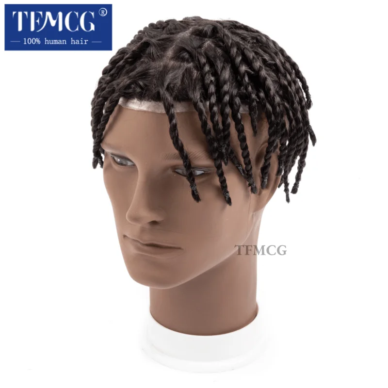 Heren Capillaire Prothese Twist Gehaakte Vlechten Dubbele Knoop 0.08Mm Pu Basis Afro Toupee Voor Zwarte Mannen Pruiken Voor Mannen 100% Mensenhaar